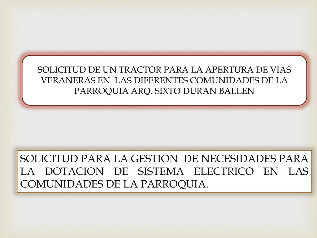 SOLICITUD DE UN TRACTOR PARA LA APERTURA DE VIAS VERANERAS EN LAS DIFERENTES COMUNIDADES DE LA PARROQUIA ARQ. SIXTO DURAN BALLEN