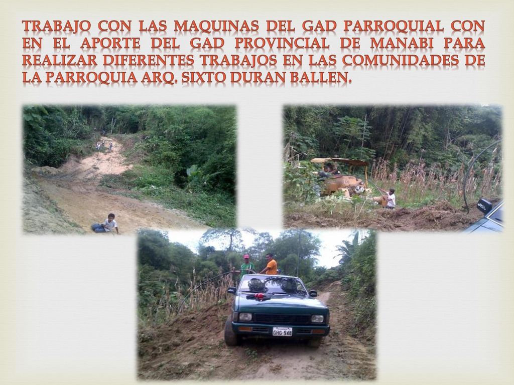 TRABAJO CON LAS MAQUINAS DEL GAD PARROQUIAL CON EN EL APORTE DEL GAD PROVINCIAL DE MANABI PARA REALIZAR DIFERENTES TRABAJOS EN LAS COMUNIDADES DE LA PARROQUIA ARQ.