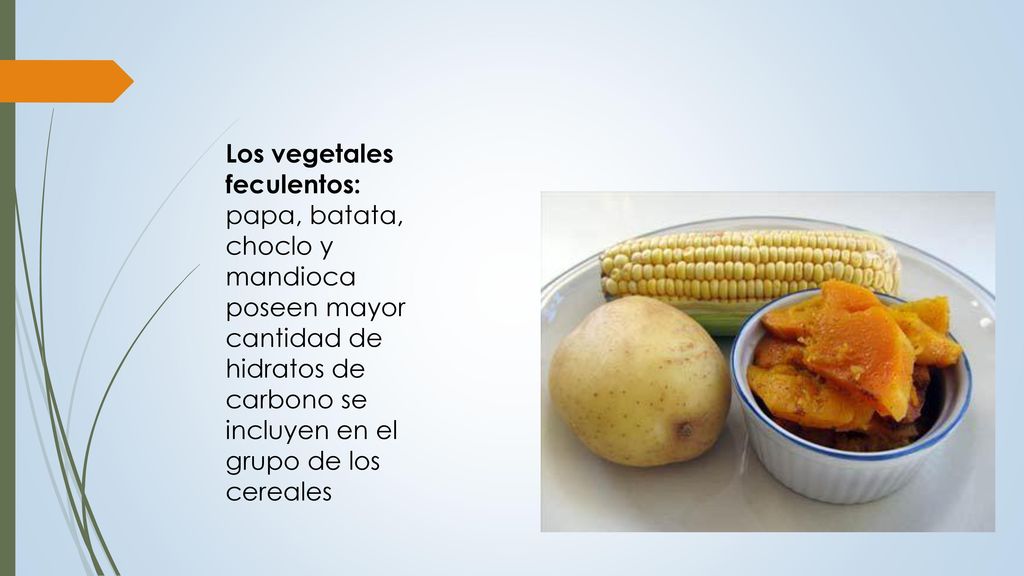 Los vegetales feculentos: papa, batata, choclo y mandioca poseen mayor cantidad de hidratos de carbono se incluyen en el grupo de los cereales