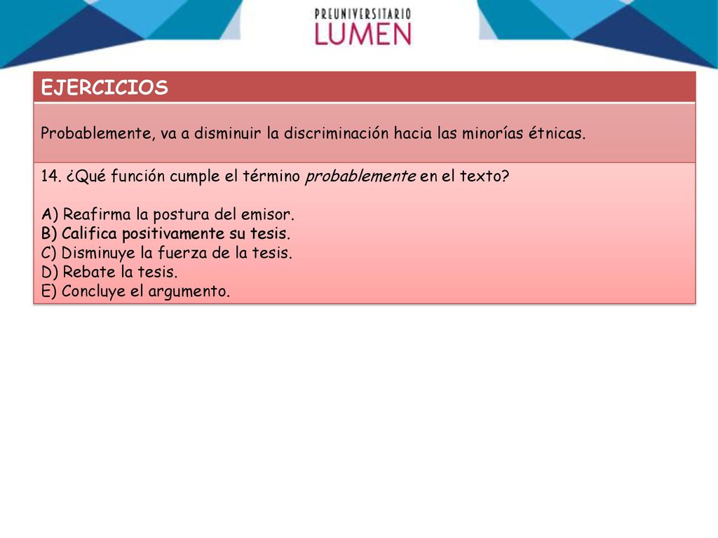 EJERCICIOS Probablemente, va a disminuir la discriminación hacia las minorías étnicas. 14. ¿Qué función cumple el término probablemente en el texto