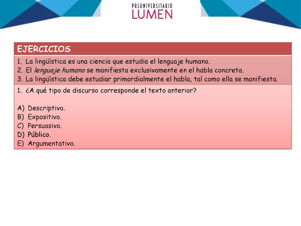 EJERCICIOS La lingüística es una ciencia que estudia el lenguaje humano. El lenguaje humano se manifiesta exclusivamente en el habla concreta.