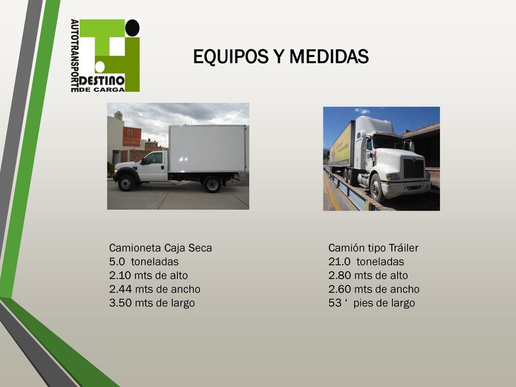 EQUIPOS Y MEDIDAS Camioneta Caja Seca 5.0 toneladas 2.10 mts de alto
