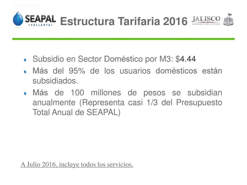 Estructura Tarifaria 2016 Subsidio en Sector Doméstico por M3: $4.44