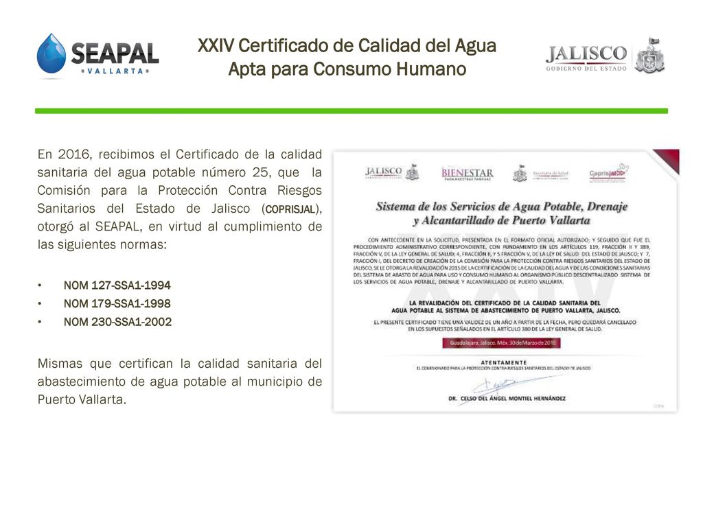 XXIV Certificado de Calidad del Agua Apta para Consumo Humano