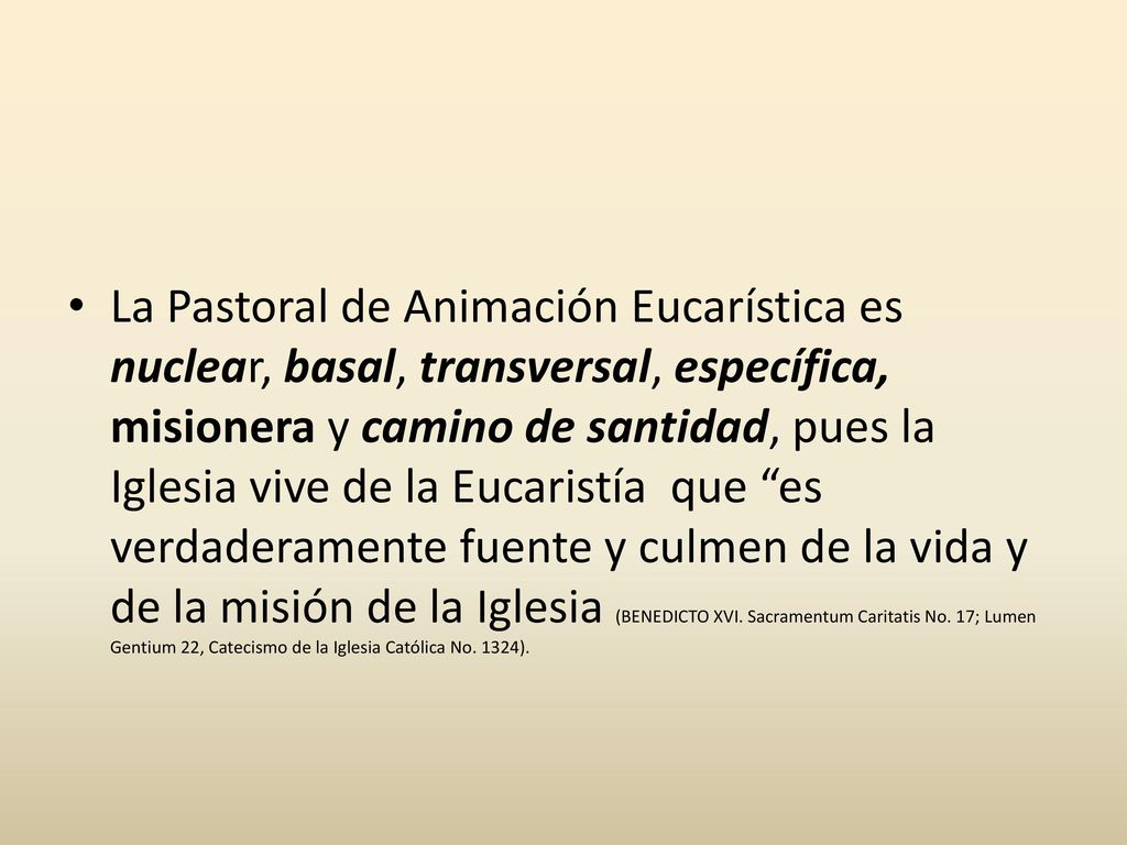 La Pastoral de Animación Eucarística es nuclear, basal, transversal, específica, misionera y camino de santidad, pues la Iglesia vive de la Eucaristía que es verdaderamente fuente y culmen de la vida y de la misión de la Iglesia (BENEDICTO XVI.