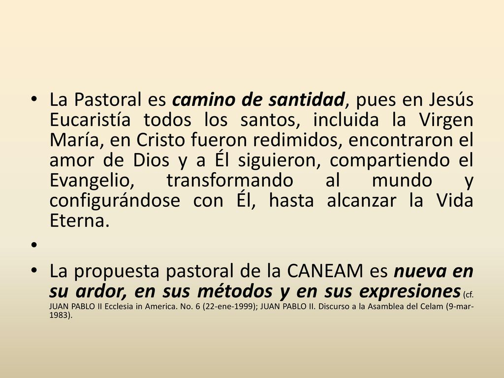 La Pastoral es camino de santidad, pues en Jesús Eucaristía todos los santos, incluida la Virgen María, en Cristo fueron redimidos, encontraron el amor de Dios y a Él siguieron, compartiendo el Evangelio, transformando al mundo y configurándose con Él, hasta alcanzar la Vida Eterna.