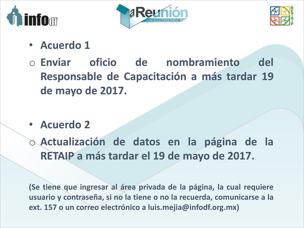 Acuerdo 1 Enviar oficio de nombramiento del Responsable de Capacitación a más tardar 19 de mayo de