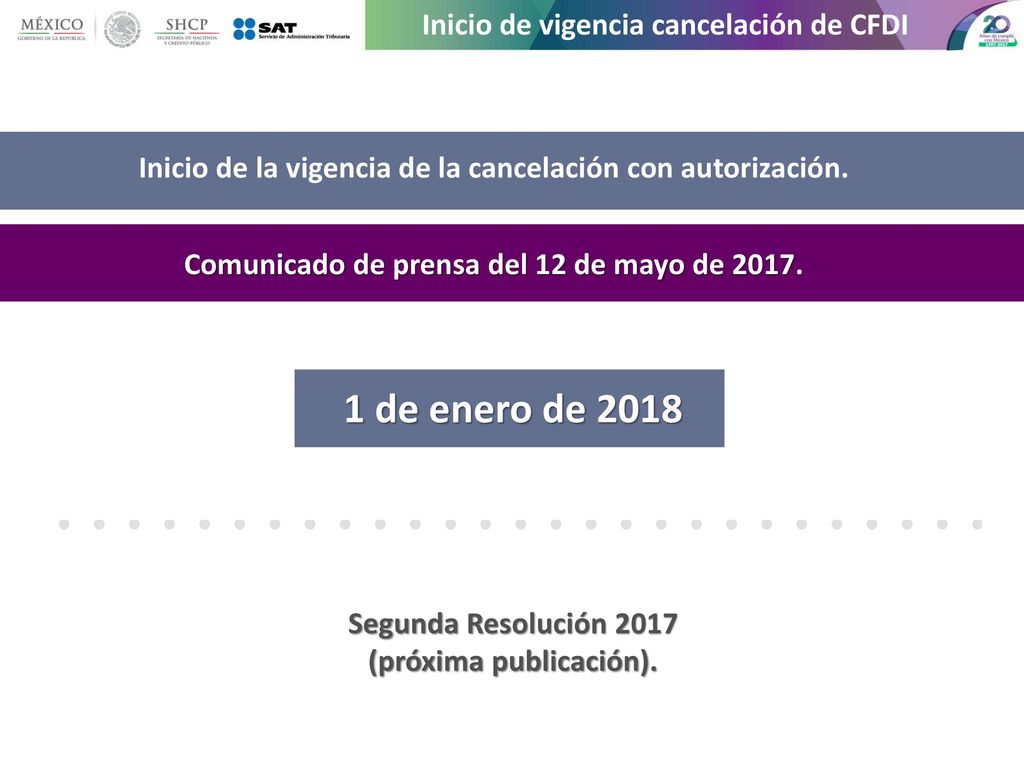 1 de enero de 2018 Inicio de vigencia cancelación de CFDI