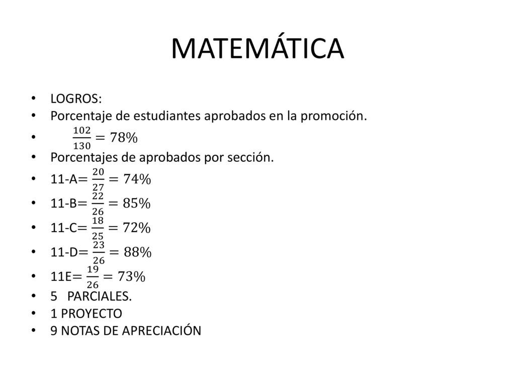 MATEMÁTICA LOGROS: Porcentaje de estudiantes aprobados en la promoción =78% Porcentajes de aprobados por sección.