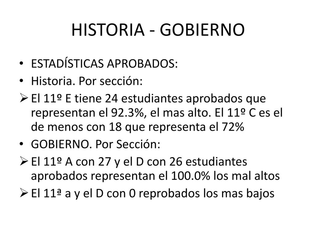 HISTORIA - GOBIERNO ESTADÍSTICAS APROBADOS: Historia. Por sección: