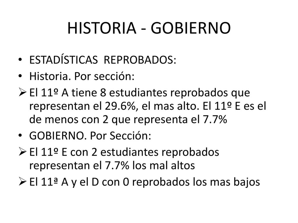 HISTORIA - GOBIERNO ESTADÍSTICAS REPROBADOS: Historia. Por sección: