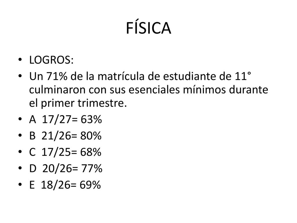 FÍSICA LOGROS: Un 71% de la matrícula de estudiante de 11° culminaron con sus esenciales mínimos durante el primer trimestre.