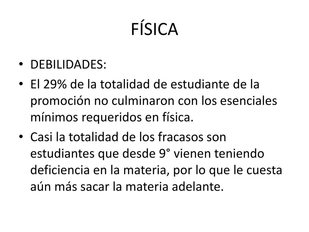 FÍSICA DEBILIDADES: El 29% de la totalidad de estudiante de la promoción no culminaron con los esenciales mínimos requeridos en física.