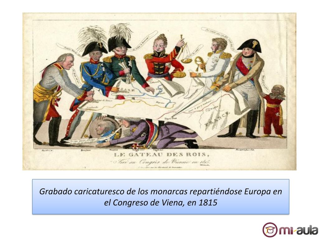Grabado caricaturesco de los monarcas repartiéndose Europa en el Congreso de Viena, en 1815