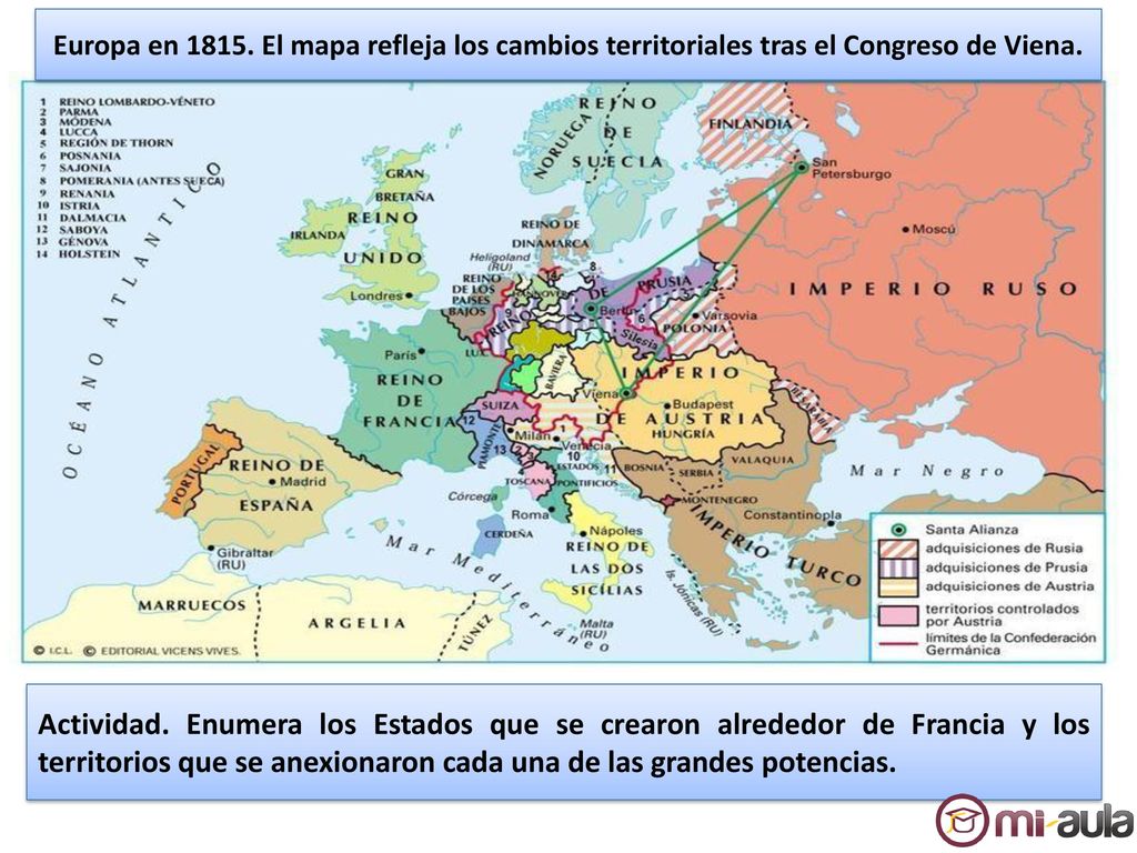 Europa en El mapa refleja los cambios territoriales tras el Congreso de Viena.