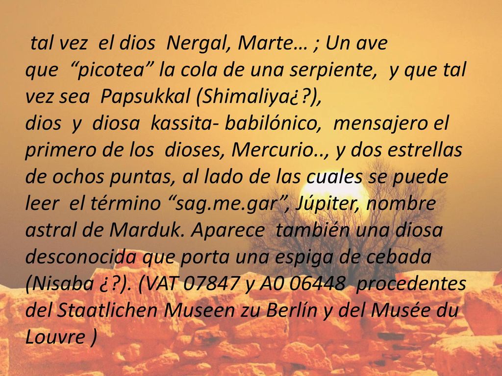 tal vez el dios Nergal, Marte… ; Un ave que picotea la cola de una serpiente, y que tal vez sea Papsukkal (Shimaliya¿ ), dios y diosa kassita- babilónico, mensajero el primero de los dioses, Mercurio.., y dos estrellas de ochos puntas, al lado de las cuales se puede leer el término sag.me.gar , Júpiter, nombre astral de Marduk.