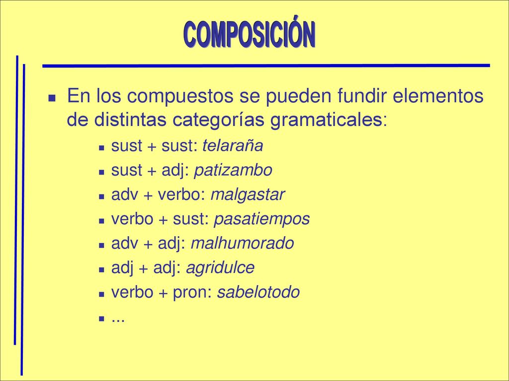 COMPOSICIÓN En los compuestos se pueden fundir elementos de distintas categorías gramaticales: sust + sust: telaraña.
