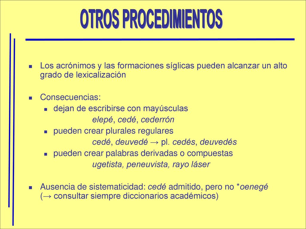 OTROS PROCEDIMIENTOS Los acrónimos y las formaciones síglicas pueden alcanzar un alto grado de lexicalización.