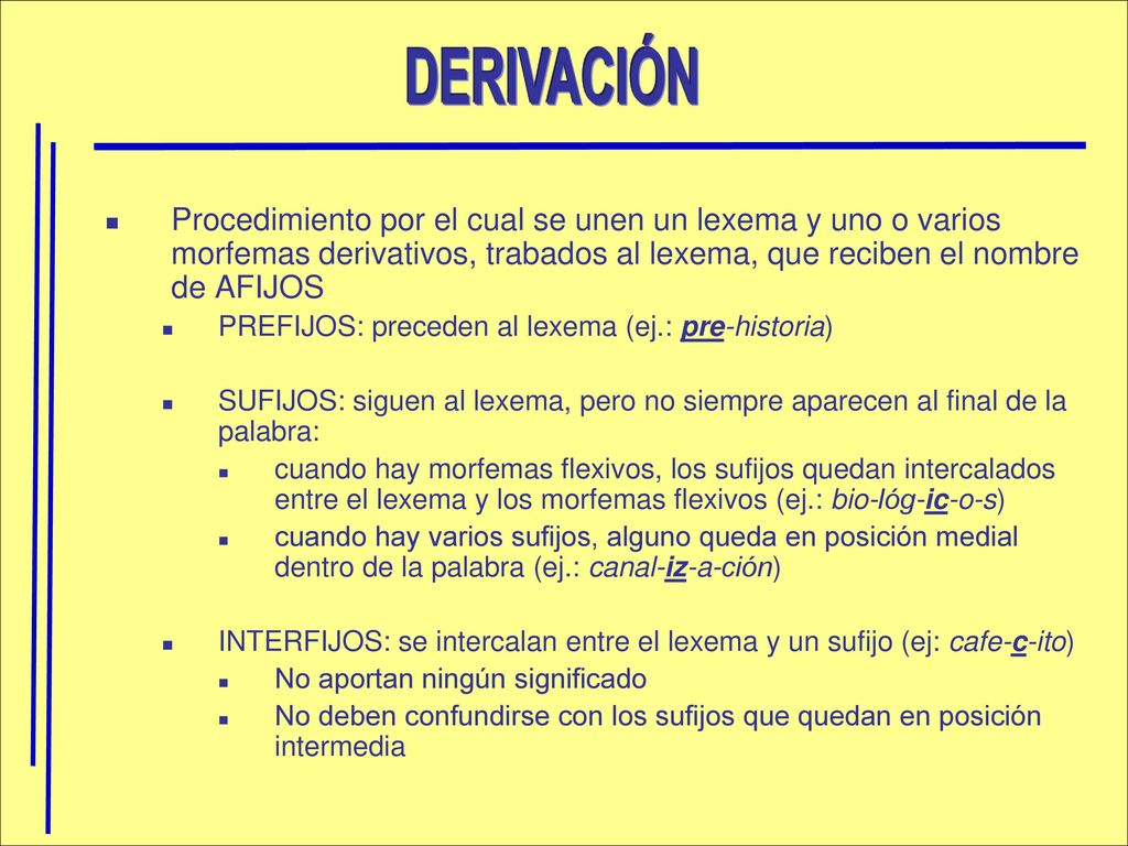 DERIVACIÓN Procedimiento por el cual se unen un lexema y uno o varios morfemas derivativos, trabados al lexema, que reciben el nombre de AFIJOS.