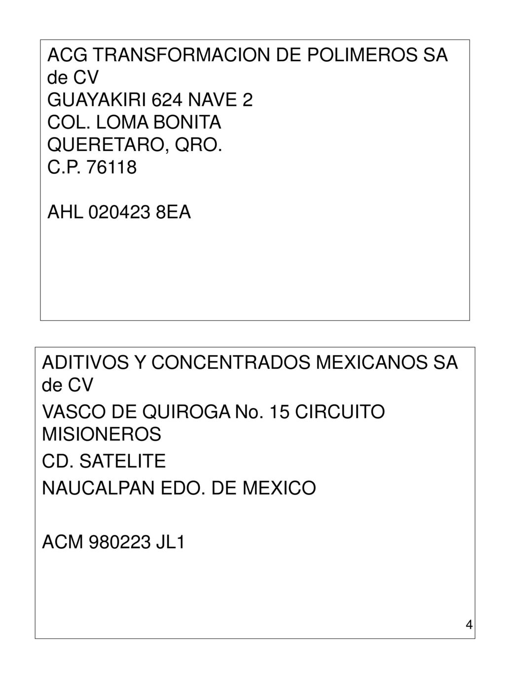 ACG TRANSFORMACION DE POLIMEROS SA de CV GUAYAKIRI 624 NAVE 2 COL