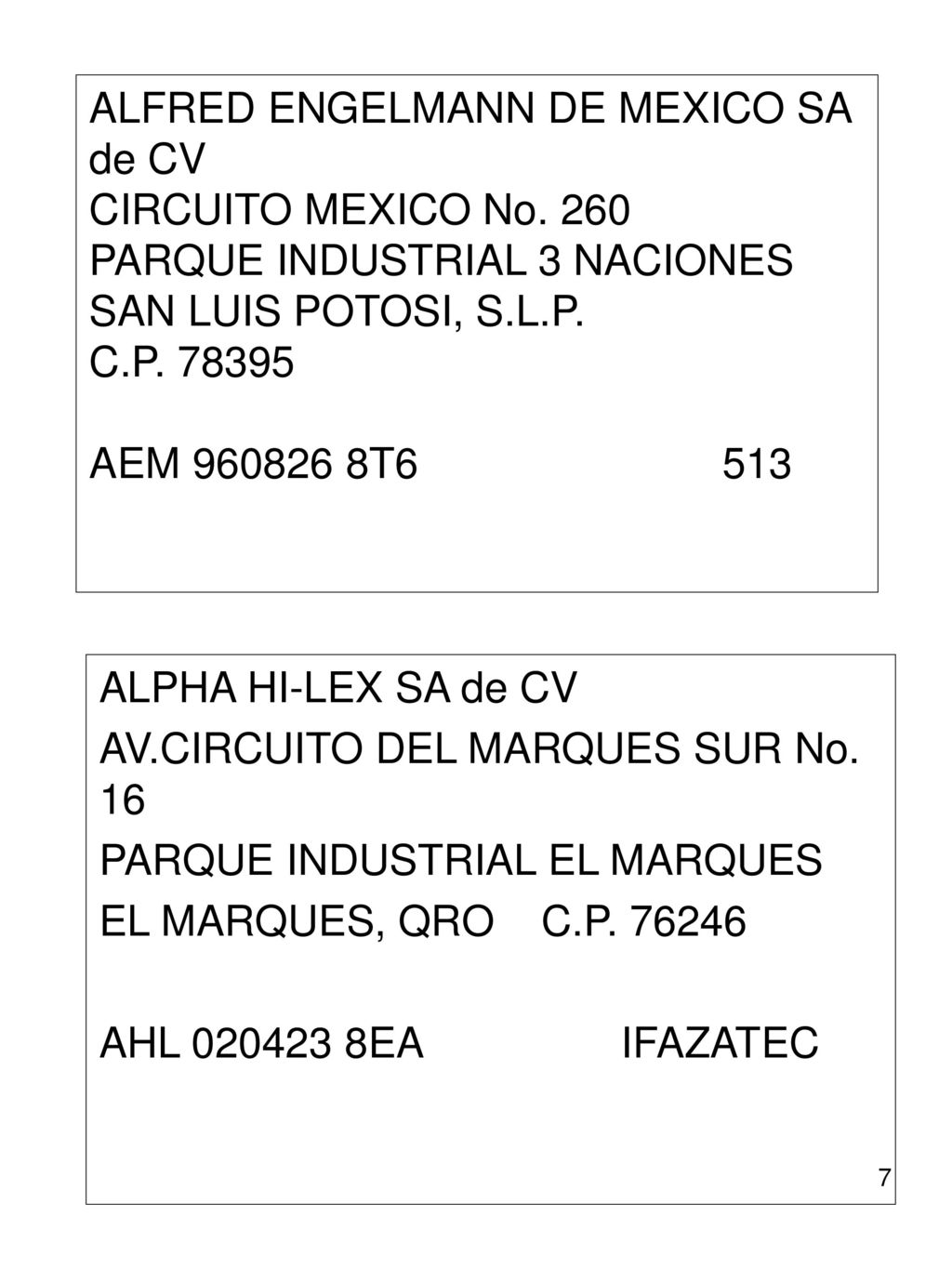 ALFRED ENGELMANN DE MEXICO SA de CV CIRCUITO MEXICO No