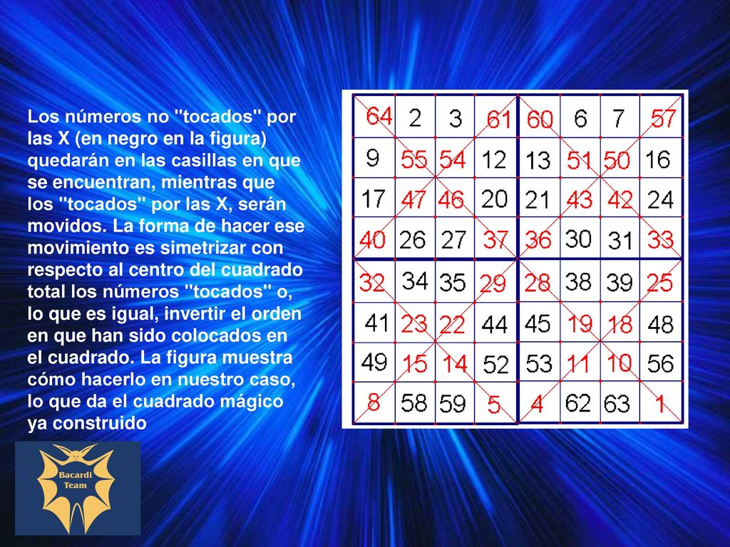 Los números no tocados por las X (en negro en la figura) quedarán en las casillas en que se encuentran, mientras que los tocados por las X, serán movidos.