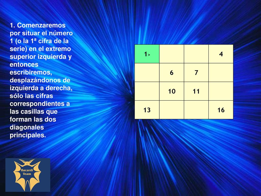 1. Comenzaremos por situar el número 1 (o la 1ª cifra de la serie) en el extremo superior izquierda y entonces escribiremos, desplazándonos de izquierda a derecha, sólo las cifras correspondientes a las casillas que forman las dos diagonales principales.