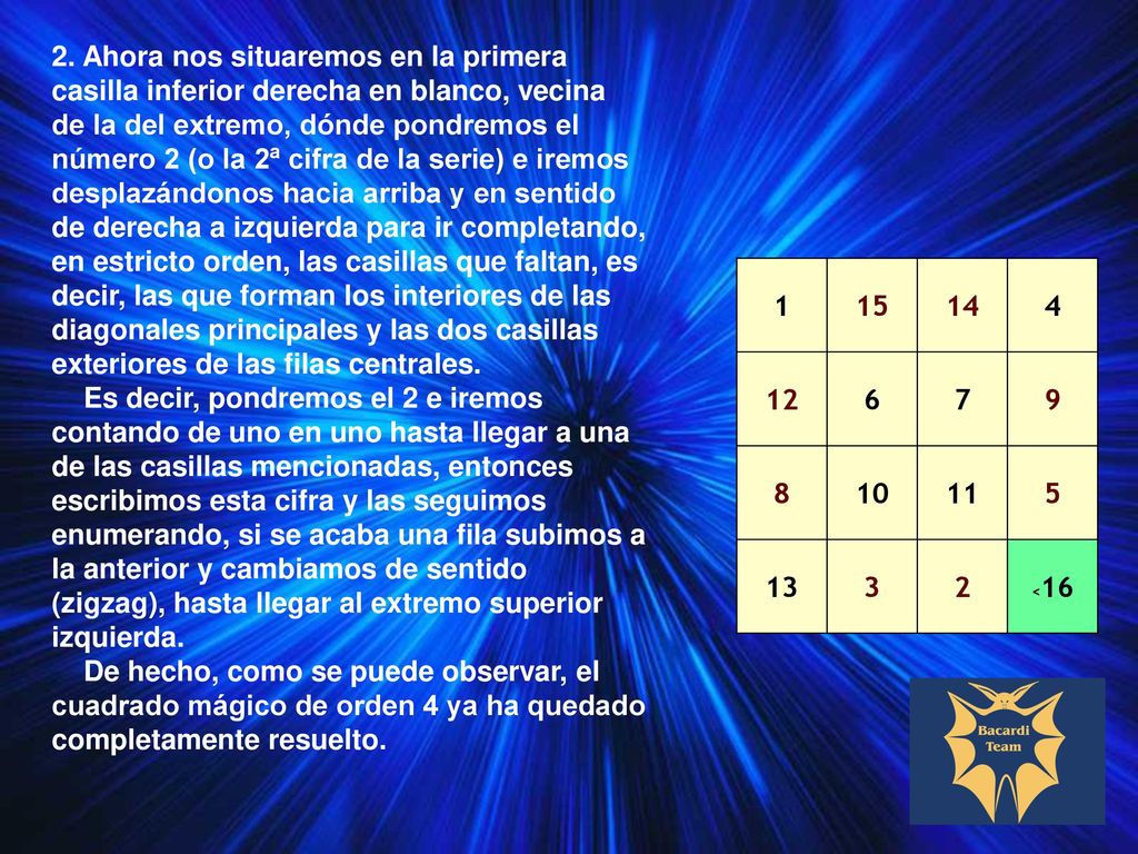 2. Ahora nos situaremos en la primera casilla inferior derecha en blanco, vecina de la del extremo, dónde pondremos el número 2 (o la 2ª cifra de la serie) e iremos desplazándonos hacia arriba y en sentido de derecha a izquierda para ir completando, en estricto orden, las casillas que faltan, es decir, las que forman los interiores de las diagonales principales y las dos casillas exteriores de las filas centrales. Es decir, pondremos el 2 e iremos contando de uno en uno hasta llegar a una de las casillas mencionadas, entonces escribimos esta cifra y las seguimos enumerando, si se acaba una fila subimos a la anterior y cambiamos de sentido (zigzag), hasta llegar al extremo superior izquierda. De hecho, como se puede observar, el cuadrado mágico de orden 4 ya ha quedado completamente resuelto.