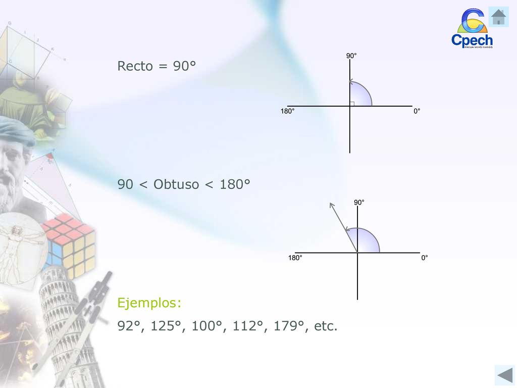 Recto = 90° 90 < Obtuso < 180° Ejemplos: 92°, 125°, 100°, 112°, 179°, etc.