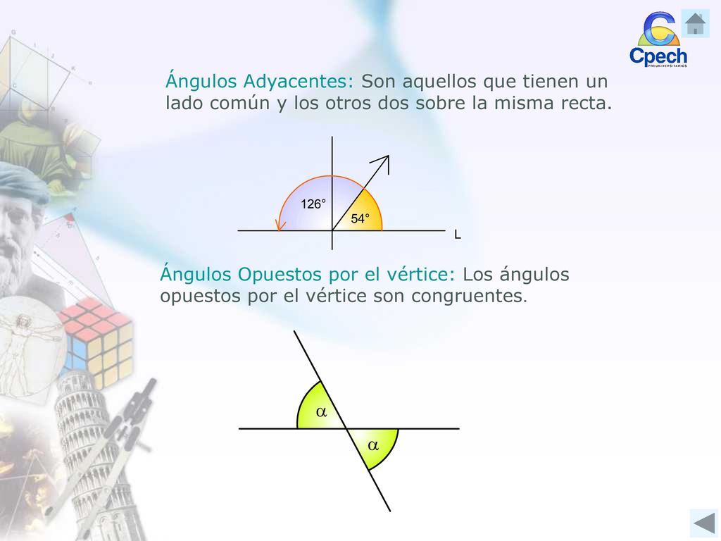 Ángulos Adyacentes: Son aquellos que tienen un lado común y los otros dos sobre la misma recta.