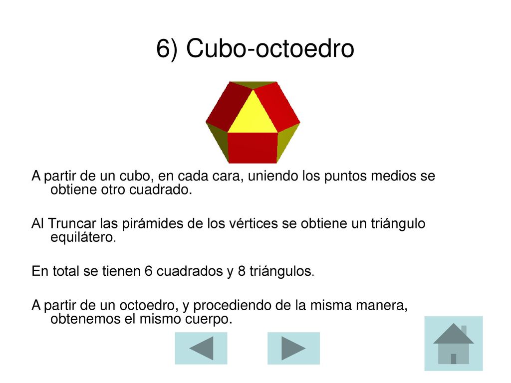 6) Cubo-octoedro A partir de un cubo, en cada cara, uniendo los puntos medios se obtiene otro cuadrado.