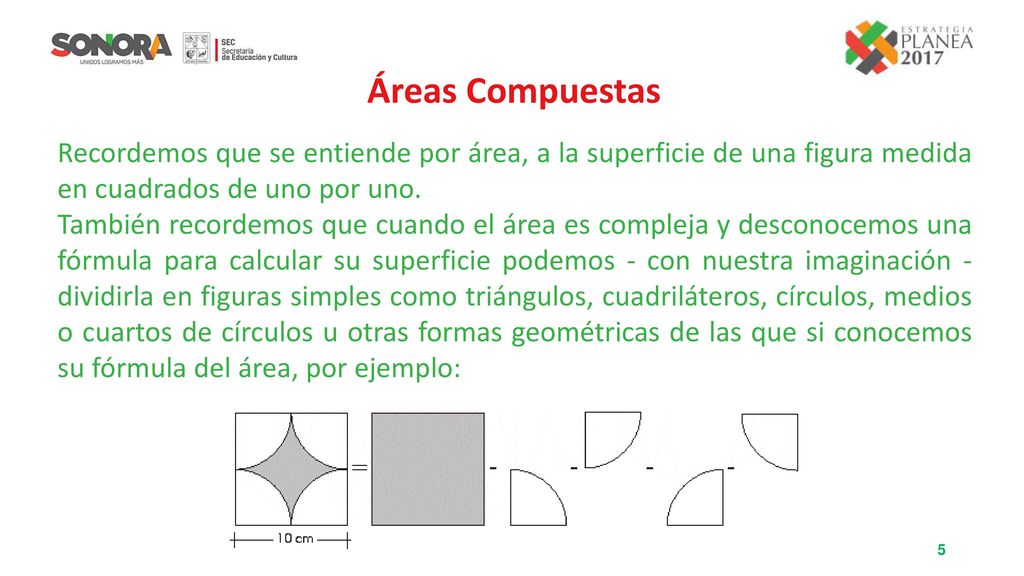 Áreas Compuestas Recordemos que se entiende por área, a la superficie de una figura medida en cuadrados de uno por uno.