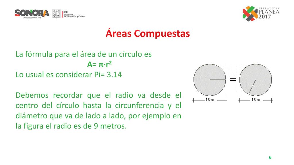 Áreas Compuestas La fórmula para el área de un círculo es A= π·r2