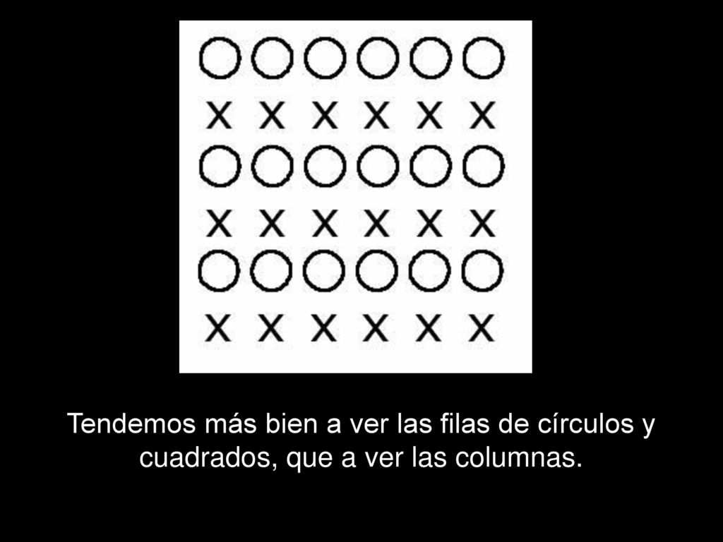 Tendemos más bien a ver las filas de círculos y cuadrados, que a ver las columnas.