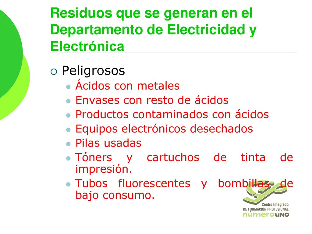 Residuos que se generan en el Departamento de Electricidad y Electrónica