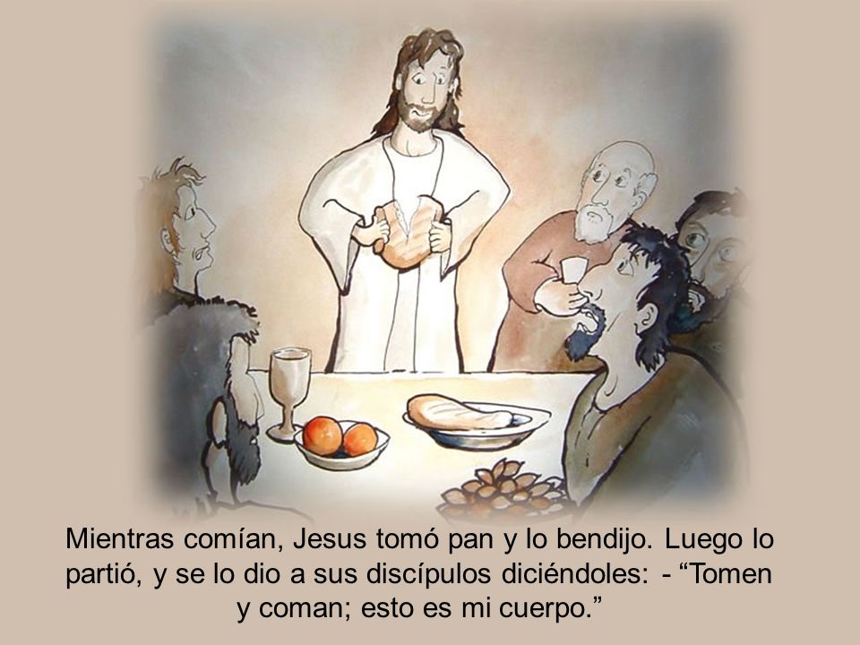 Mientras comían, Jesus tomó pan y lo bendijo