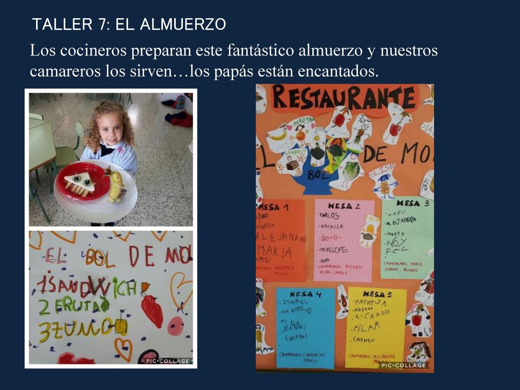 TALLER 7: EL ALMUERZO Los cocineros preparan este fantástico almuerzo y nuestros camareros los sirven…los papás están encantados.