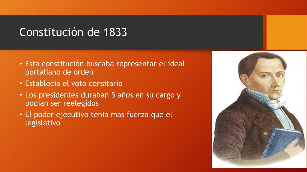 Constitución de 1833 Esta constitución buscaba representar el ideal portaliano de orden. Establecia el voto censitario.