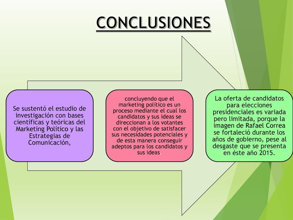 CONCLUSIONES Se sustentó el estudio de investigación con bases científicas y teóricas del Marketing Político y las Estrategias de Comunicación,