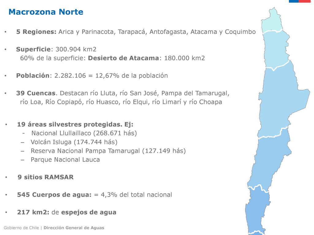 Macrozona Norte 5 Regiones: Arica y Parinacota, Tarapacá, Antofagasta, Atacama y Coquimbo. Superficie: km2.