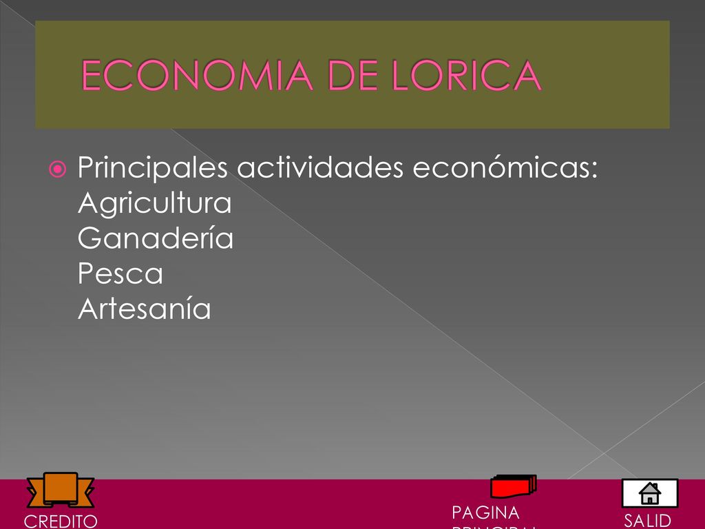 ECONOMIA DE LORICA Principales actividades económicas: Agricultura Ganadería Pesca Artesanía. PAGINA PRINCIPAL.