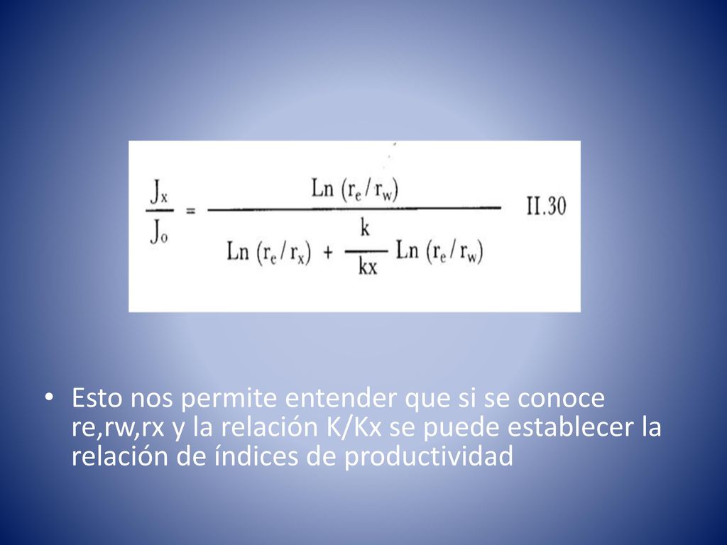 Esto nos permite entender que si se conoce re,rw,rx y la relación K/Kx se puede establecer la relación de índices de productividad