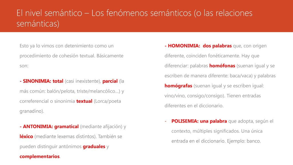 El nivel semántico – Los fenómenos semánticos (o las relaciones semánticas)
