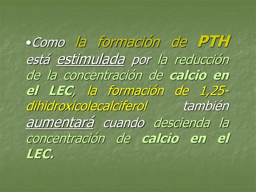 Como la formación de PTH está estimulada por la reducción de la concentración de calcio en el LEC, la formación de 1,25-dihidroxicolecalciferol también aumentará cuando descienda la concentración de calcio en el LEC.