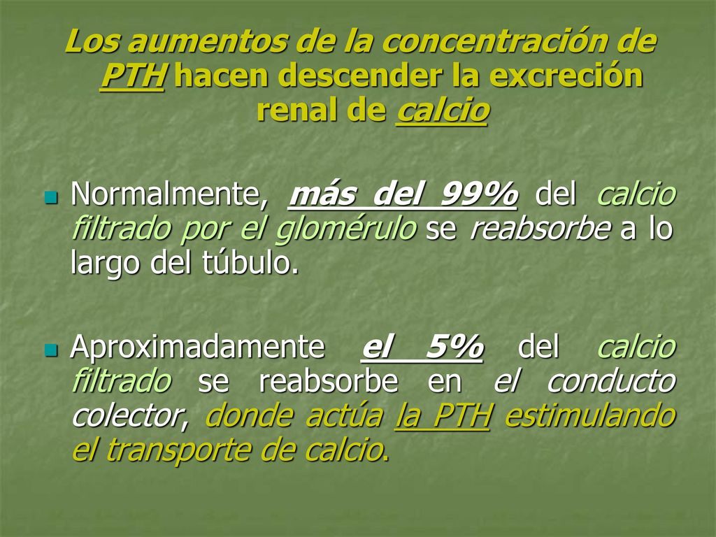 Los aumentos de la concentración de PTH hacen descender la excreción renal de calcio