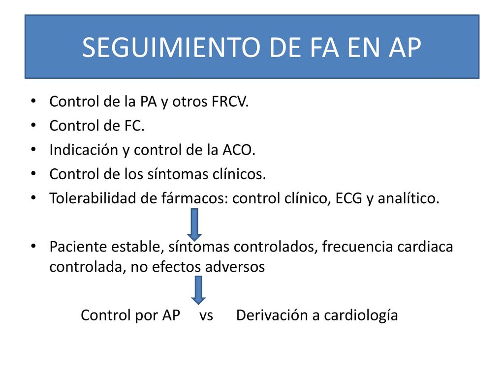 SEGUIMIENTO DE FA EN AP Control de la PA y otros FRCV. Control de FC.