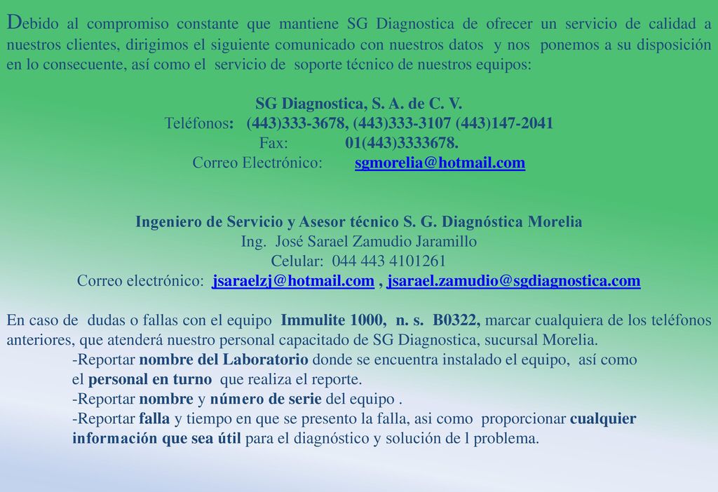 Ingeniero de Servicio y Asesor técnico S. G. Diagnóstica Morelia
