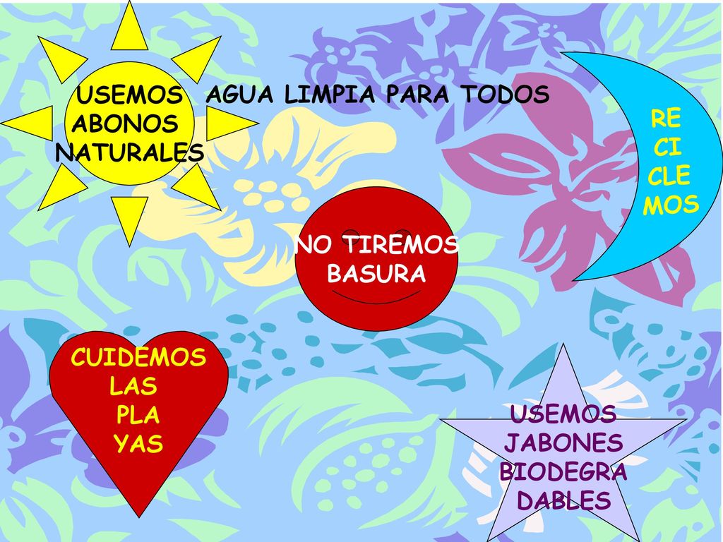 USEMOS ABONOS. NATURALES. RE. CI. CLE. MOS. AGUA LIMPIA PARA TODOS. NO TIREMOS. BASURA. CUIDEMOS.