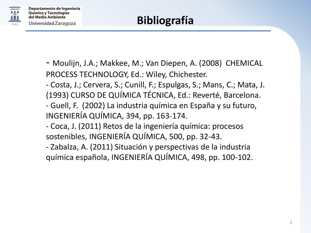 Bibliografía Moulijn, J.A.; Makkee, M.; Van Diepen, A. (2008) CHEMICAL PROCESS TECHNOLOGY, Ed.: Wiley, Chichester.
