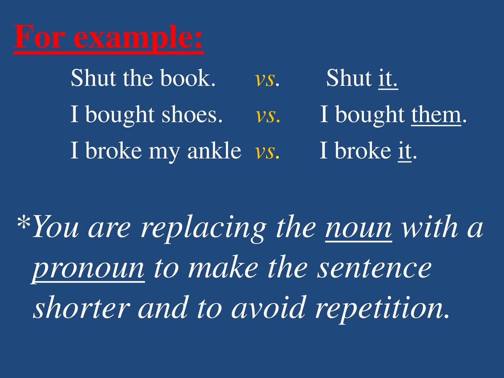For example: Shut the book. vs. Shut it. I bought shoes. vs. I bought them. I broke my ankle vs. I broke it.